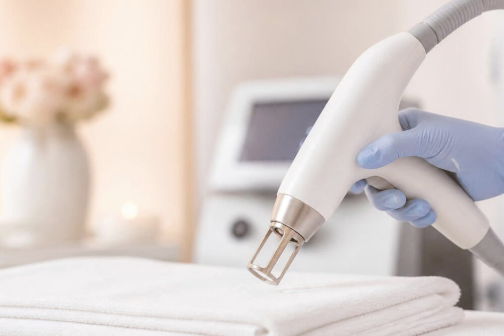 Laser-Handstück in behandschuhter Hand über weißen Handtüchern